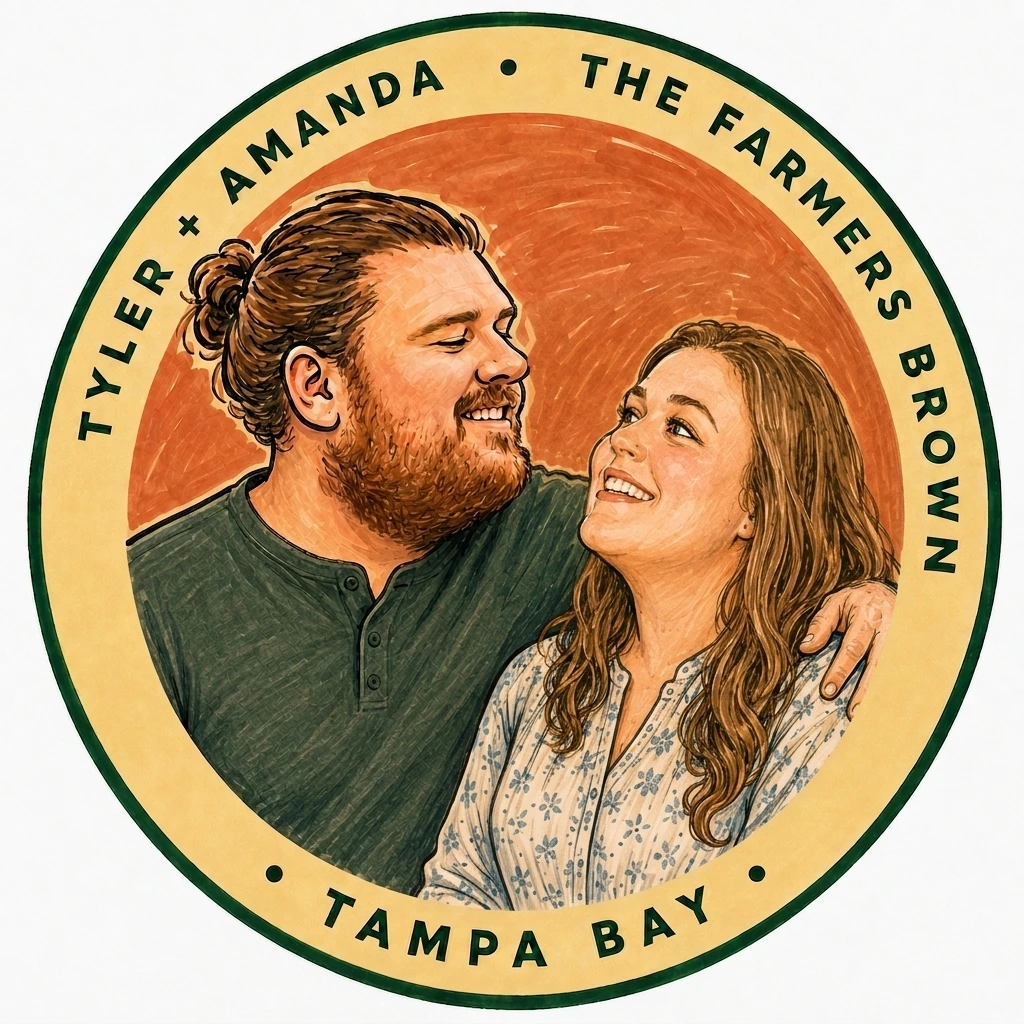 Illustrated portrait badge of Tyler and Amanda Brown